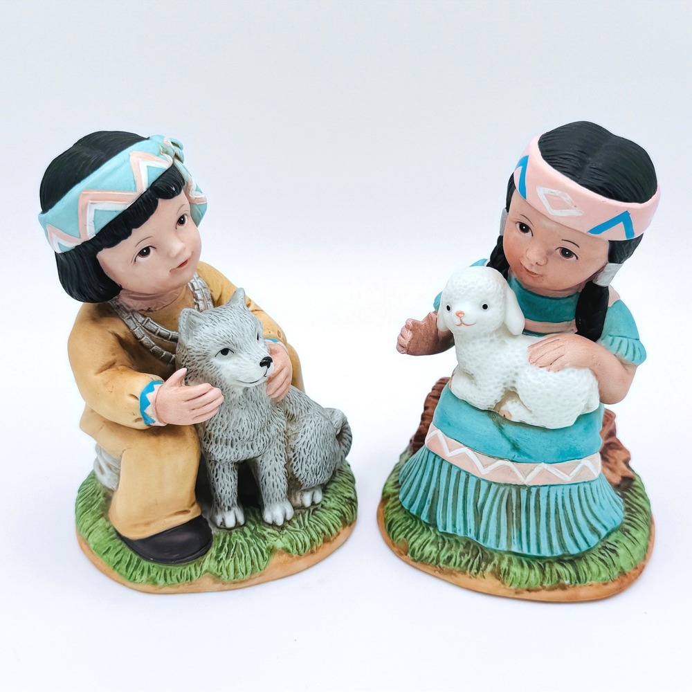 Vintage HOMCO Native American Children Figurines Boy‎ Wolf Girl Lamb 1428 Set